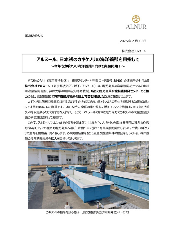 アルヌール、カギケノリ海洋養殖へ向けて実験開始！のPDFサムネイル